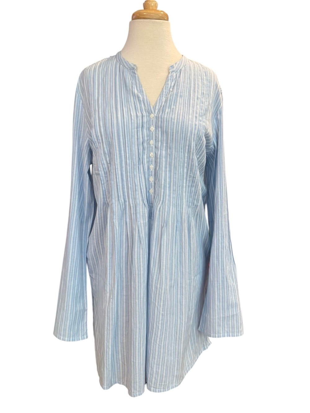 Garnet Hill Light Blue Pintucked Striped Cotton Tunic Top Size 14